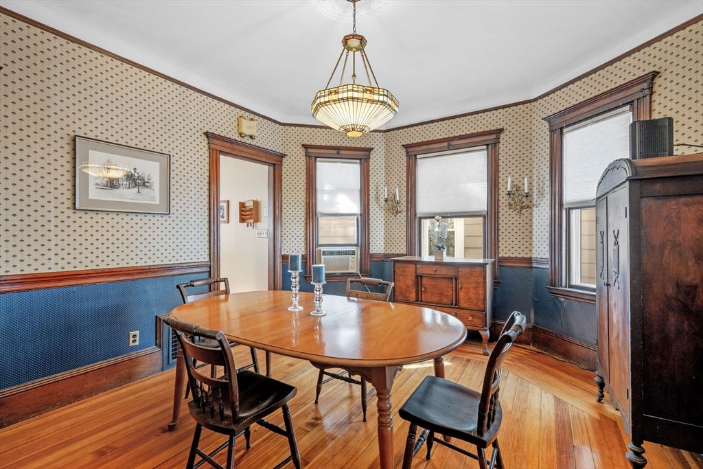 Dining room, Interior, Pendant Lights, Wood Texture Flooring