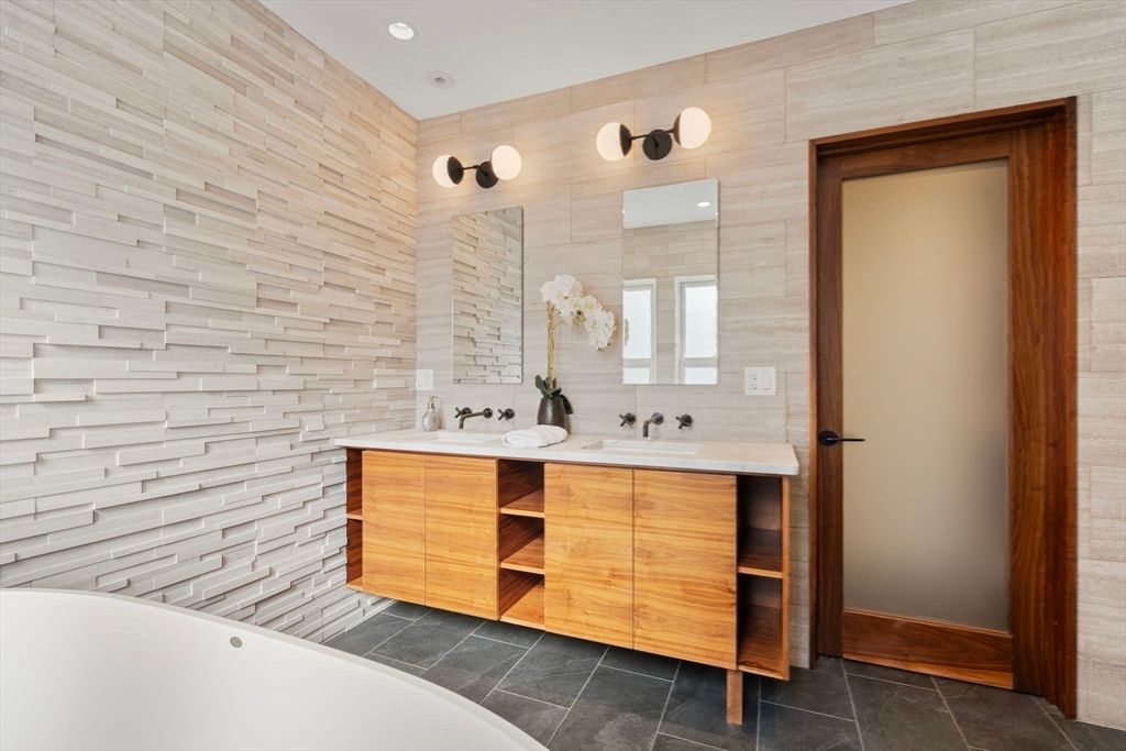 Bathroom, Dual Sink Vanities, Interior, Recessed Lighting, Wooden Walls