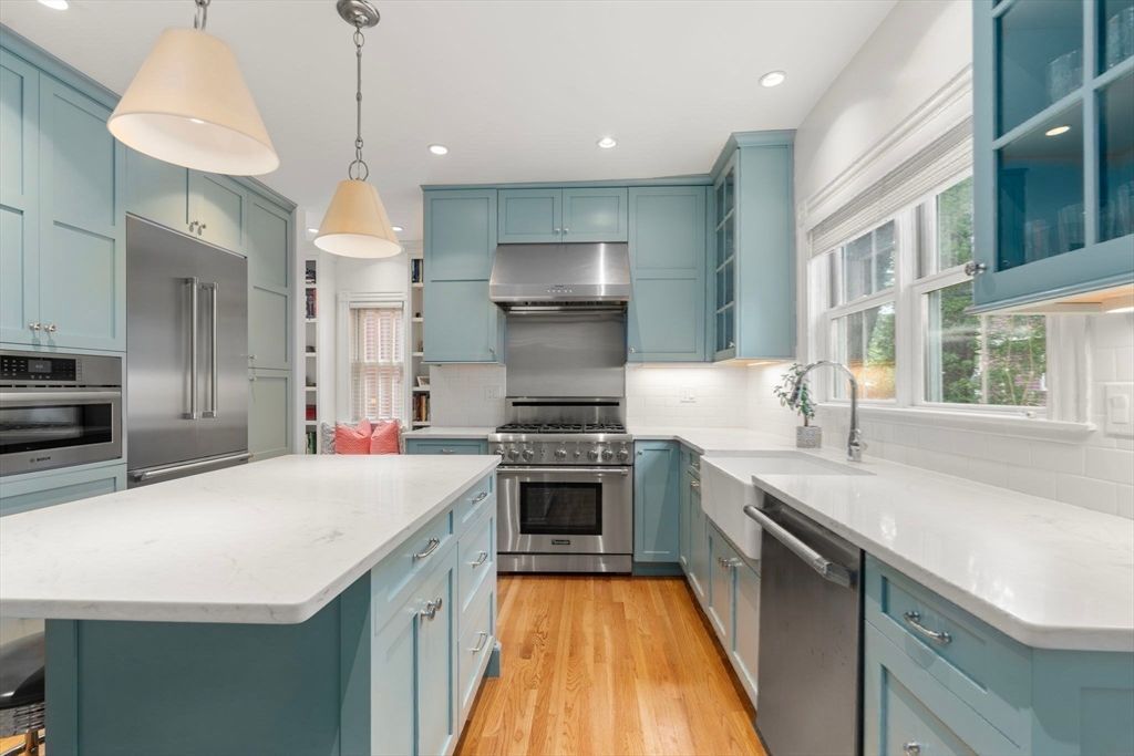 Interior, Kitchen, Pendant Lights, Recessed Lighting, Stainless Steel Appliances, Wood Texture Flooring