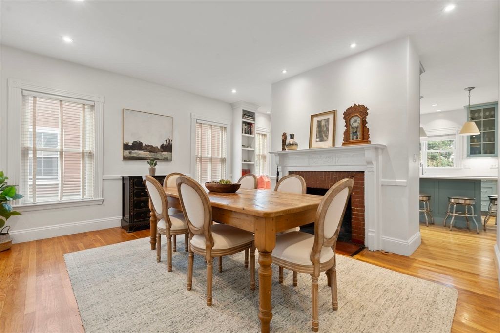 Dining room, Fireplace, Interior, Pendant Lights, Recessed Lighting, Wood Texture Flooring