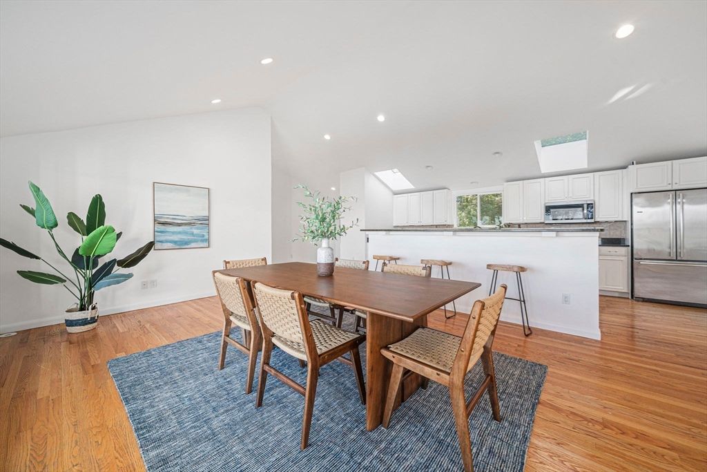 Dining room, Interior, Kitchen, Recessed Lighting, Stainless Steel Appliances, Wood Texture Flooring