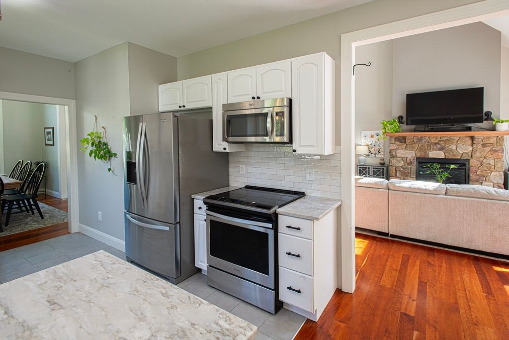 Fireplace, Interior, Kitchen, Stainless Steel Appliances, Wood Texture Flooring