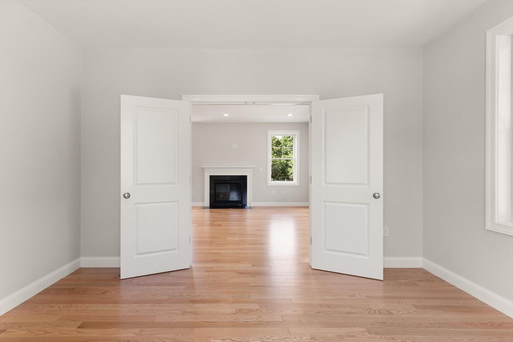 Empty room, Fireplace, Interior, Recessed Lighting, Wood Texture Flooring