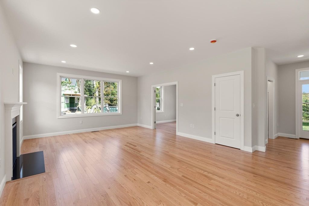 Empty room, Fireplace, Interior, Recessed Lighting, Wood Texture Flooring