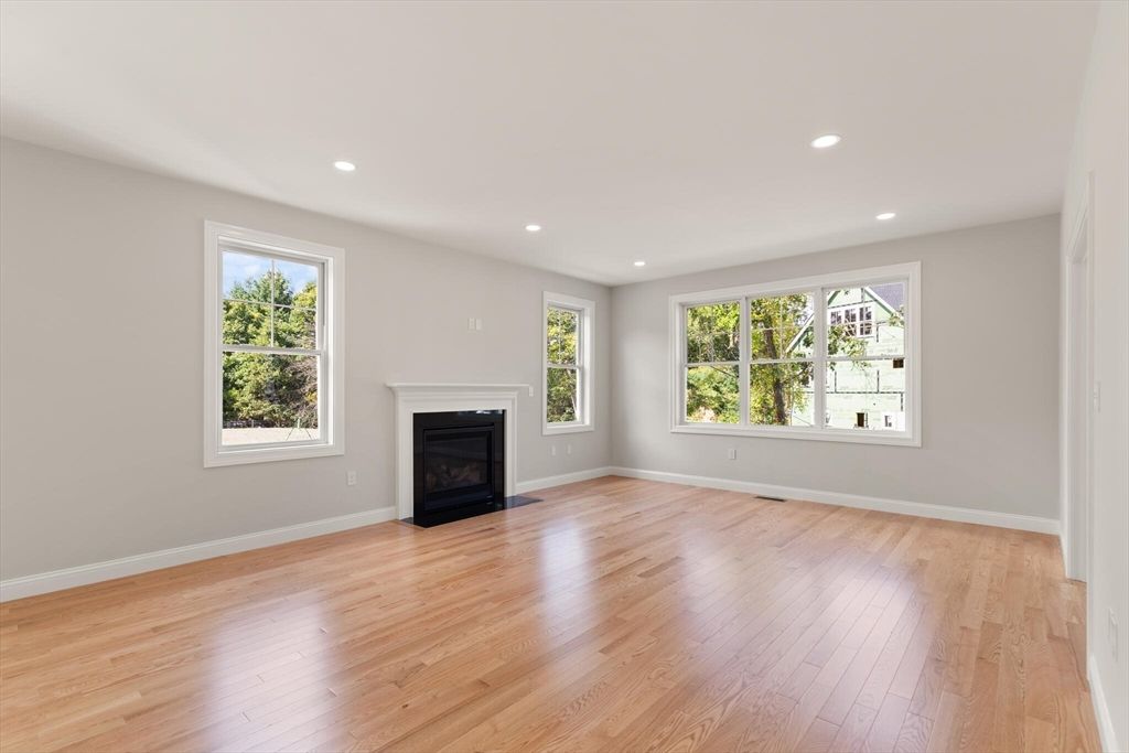 Empty room, Fireplace, Interior, Recessed Lighting, Wood Texture Flooring