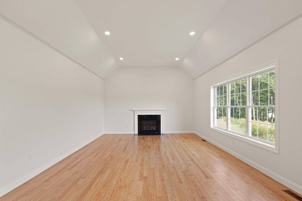 Empty room, Fireplace, Interior, Recessed Lighting, Wood Texture Flooring