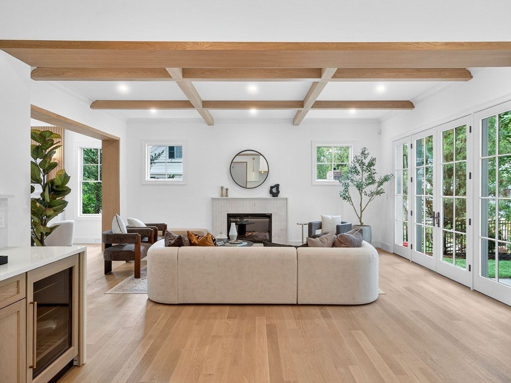 Fireplace, Interior, Living room, Recessed Lighting, Wooden Beams, Wood Texture Flooring