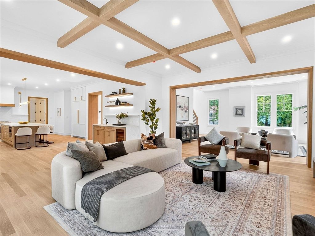 Interior, Living room, Pendant Lights, Recessed Lighting, Wooden Beams, Wood Texture Flooring