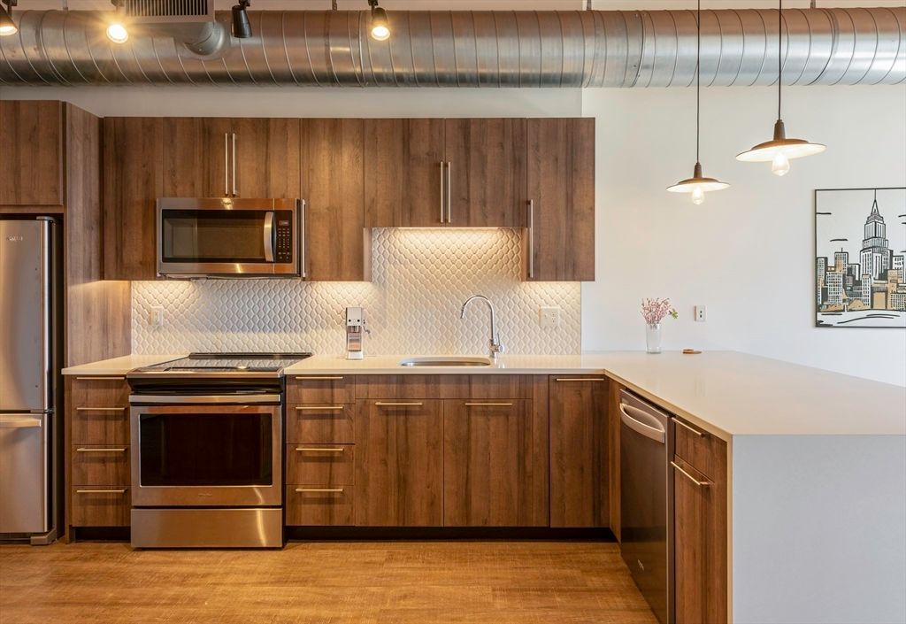 Interior, Kitchen, Pendant Lights, Stainless Steel Appliances, Wood Texture Flooring