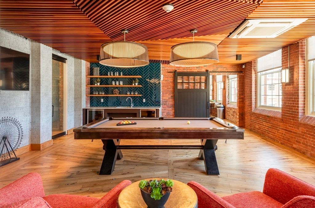 Billiard Table, Game Room, Interior, Pendant Lights, Stone Walls, Wood Texture Flooring, Wooden Walls