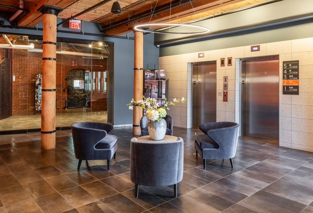 Elevator, Interior, Pendant Lights, Stone Walls