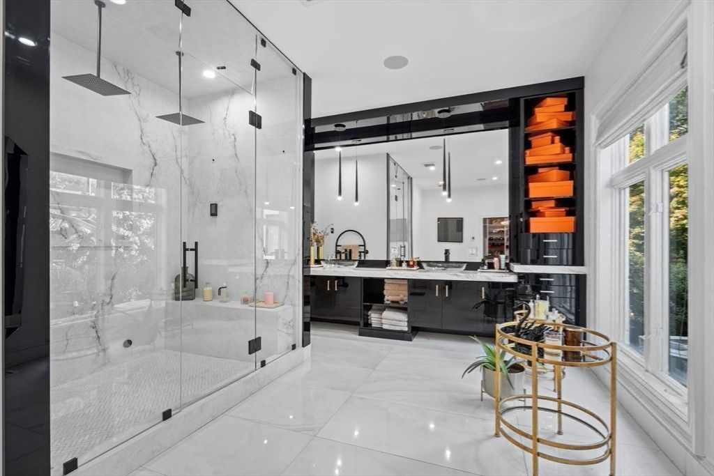 Bathroom, Glass Shower, Interior, Marble Walls, Pendant Lights, Recessed Lighting