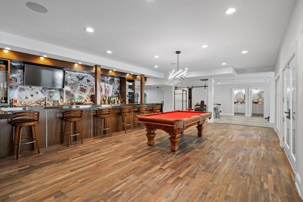 Billiard Table, Game Room, Interior, Pendant Lights, Recessed Lighting, Wood Texture Flooring