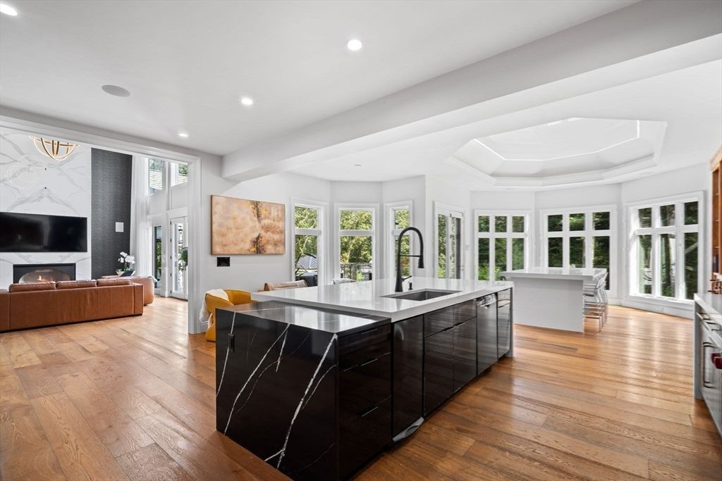 Fireplace, Interior, Kitchen, Living room, Recessed Lighting, Wood Texture Flooring