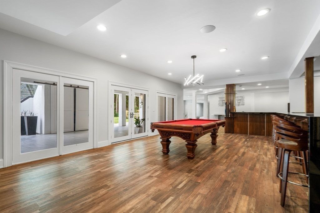 Billiard Table, Game Room, Interior, Pendant Lights, Recessed Lighting, Wood Texture Flooring
