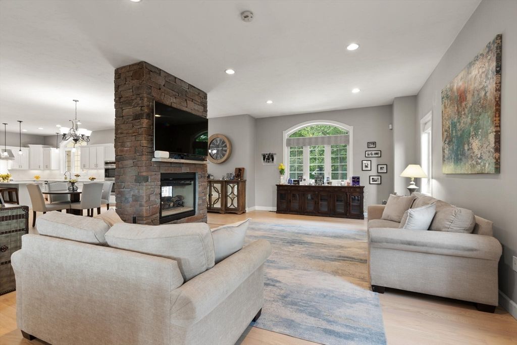 Dining room, Fireplace, Interior, Kitchen, Living room, Pendant Lights, Recessed Lighting, Stone Walls, Wood Texture Flooring
