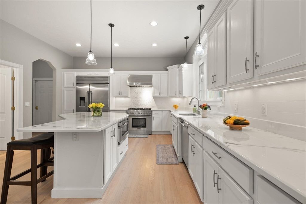 Interior, Kitchen, Pendant Lights, Recessed Lighting, Stainless Steel Appliances, Wood Texture Flooring