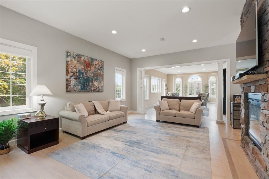 Fireplace, Interior, Living room, Recessed Lighting, Wood Texture Flooring