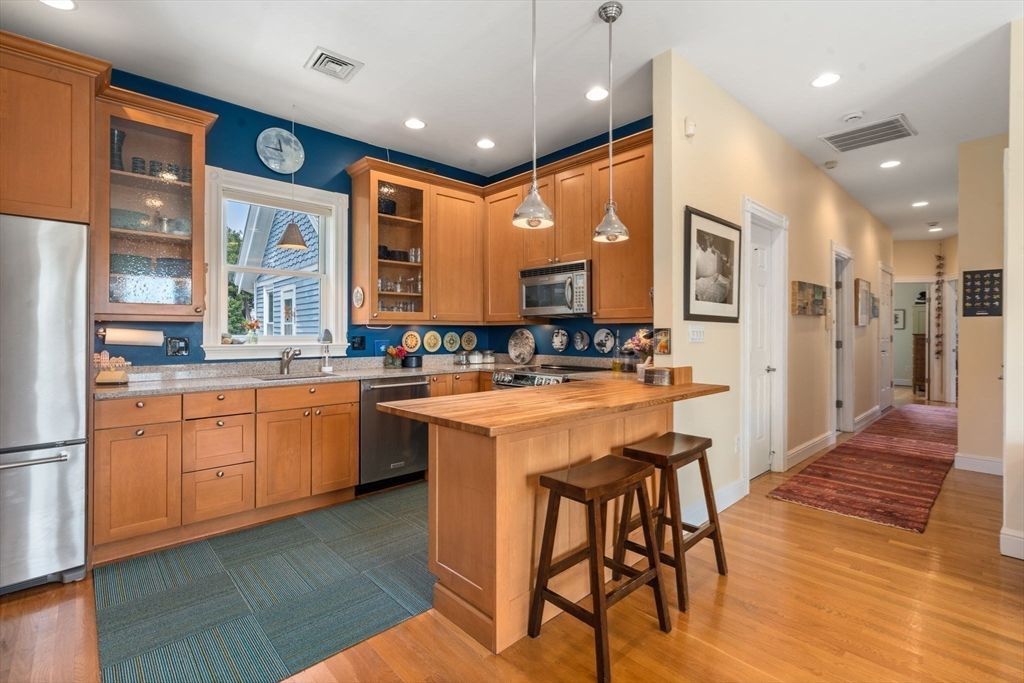 Interior, Kitchen, Pendant Lights, Recessed Lighting, Stainless Steel Appliances, Wood Texture Flooring