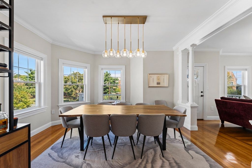 Dining room, Interior, Pendant Lights, Wood Texture Flooring