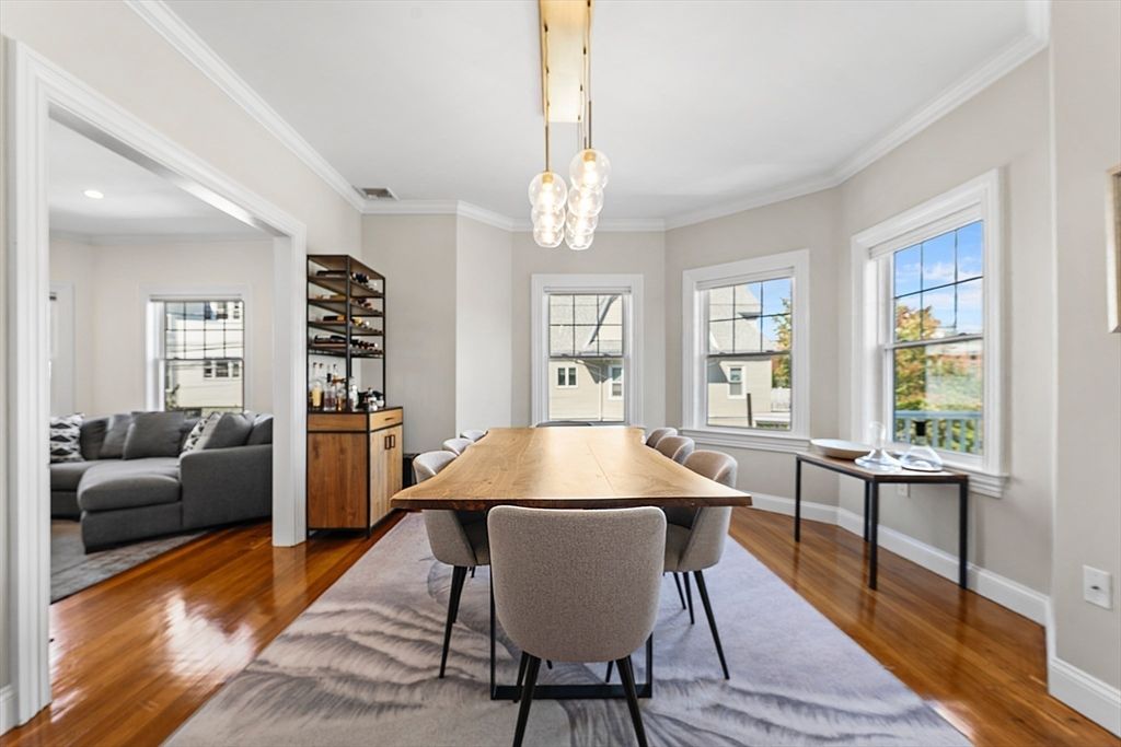 Dining room, Interior, Pendant Lights, Recessed Lighting, Wood Texture Flooring