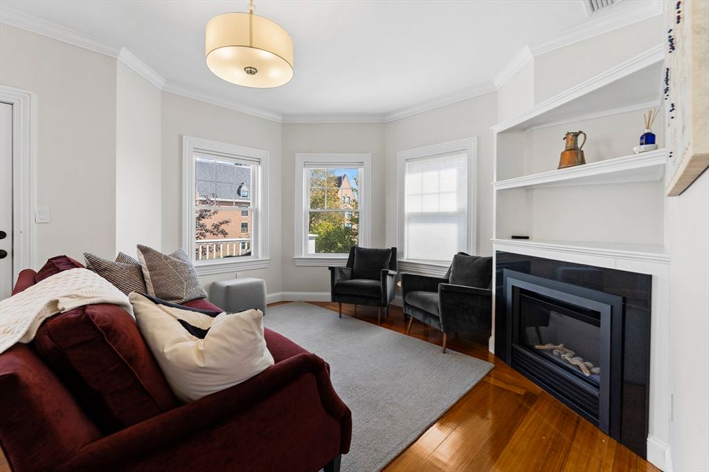 Fireplace, Interior, Living room, Pendant Lights, Wood Texture Flooring
