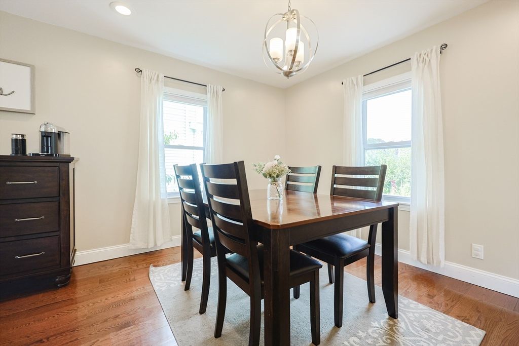 Dining room, Interior, Pendant Lights, Recessed Lighting, Wood Texture Flooring
