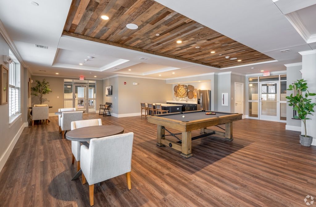 Billiard Table, Game Room, Interior, Recessed Lighting, Wooden Ceilings, Wood Texture Flooring