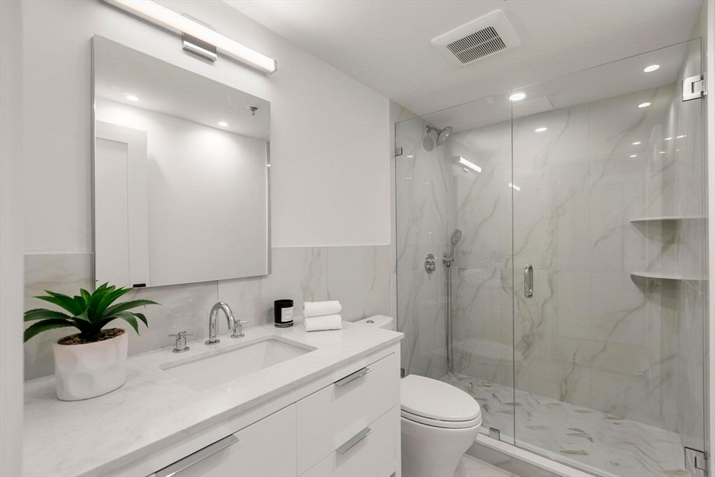 Bathroom, Glass Shower, Interior, Marble Walls, Recessed Lighting