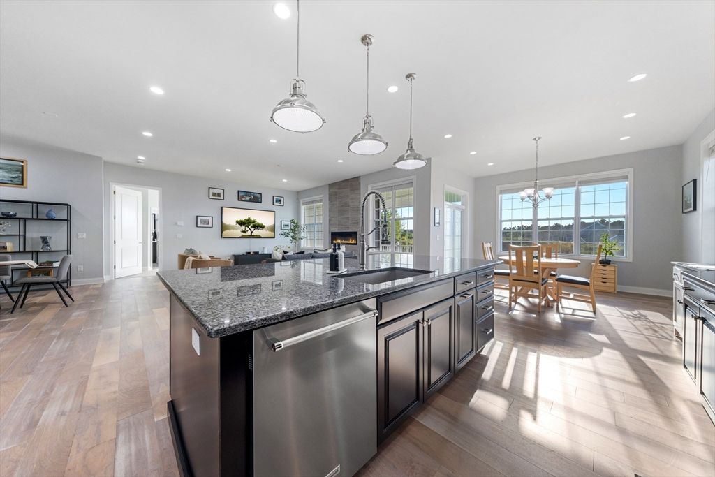 Dining room, Fireplace, Interior, Kitchen, Pendant Lights, Recessed Lighting, Stainless Steel Appliances, Wood Texture Flooring