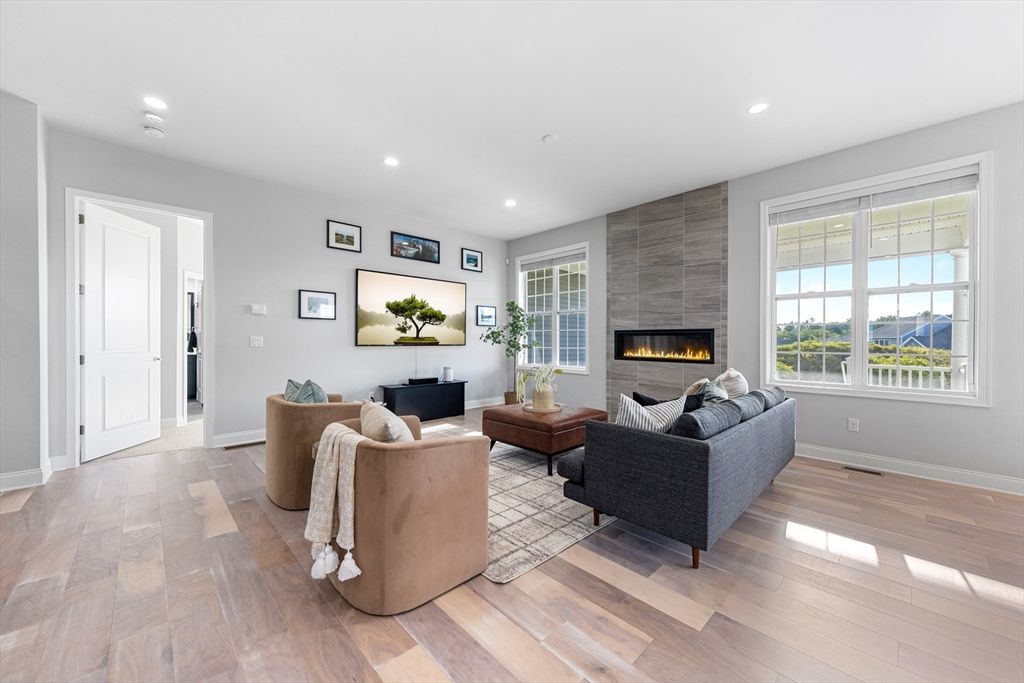 Fireplace, Interior, Living room, Recessed Lighting, Wood Texture Flooring
