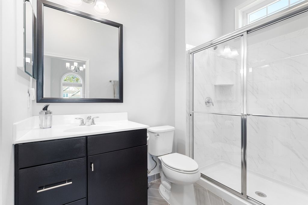 Bathroom, Glass Shower, Interior, Marble Walls, Wood Texture Flooring