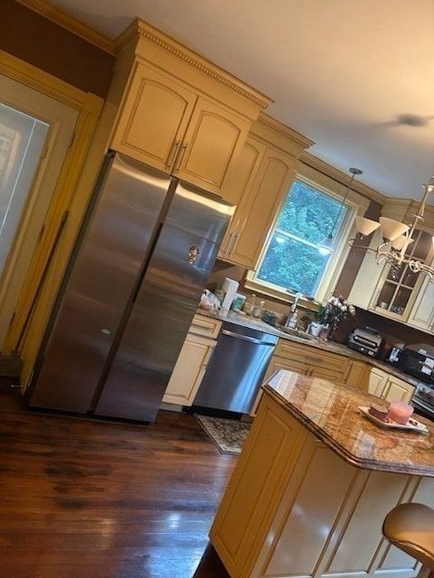 Interior, Kitchen, Pendant Lights, Stainless Steel Appliances, Wood Texture Flooring