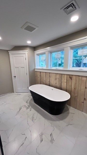 Bathroom, Free Standing Baths, Interior, Marble, Recessed Lighting, Wooden Walls