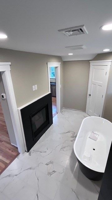 Bathroom, Fireplace, Free Standing Baths, Interior, Marble, Recessed Lighting