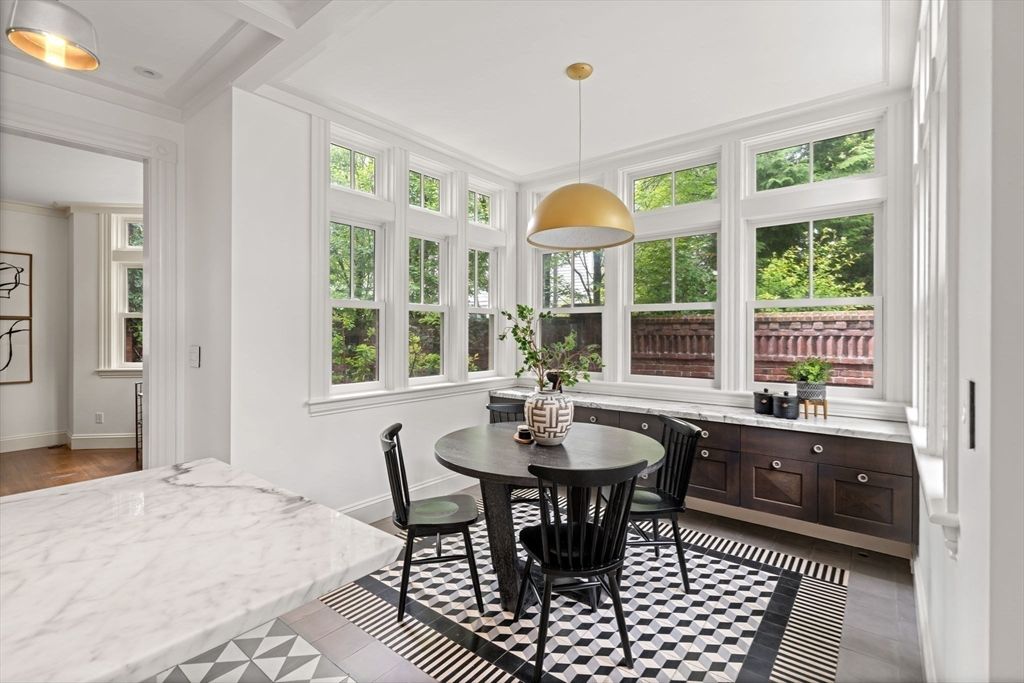 Dining room, Interior, Pendant Lights, Wood Texture Flooring