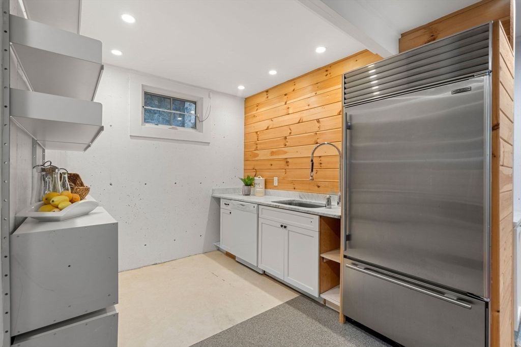 Interior, Kitchen, Recessed Lighting, Stainless Steel Appliances, Wooden Walls