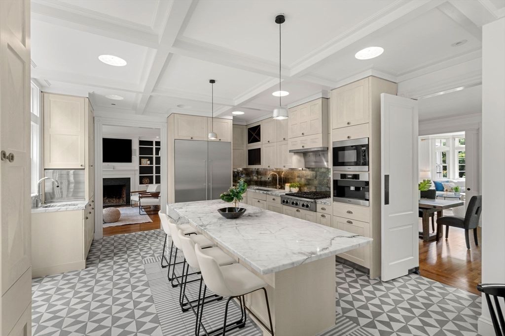 Dining room, Fireplace, Interior, Kitchen, Pendant Lights, Recessed Lighting, Stainless Steel Appliances