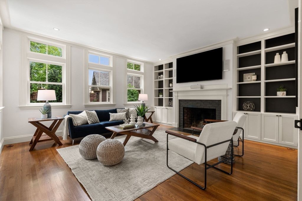 Fireplace, Interior, Living room, Recessed Lighting, Wood Texture Flooring