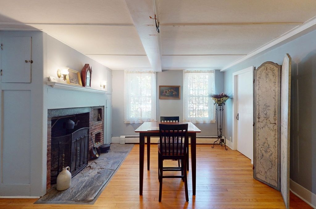 Dining room, Fireplace, Interior, Wood Texture Flooring