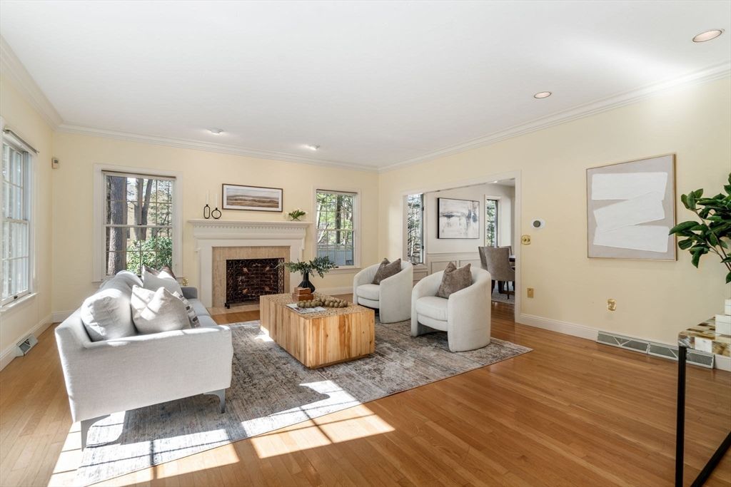 Fireplace, Interior, Living room, Recessed Lighting, Wood Texture Flooring