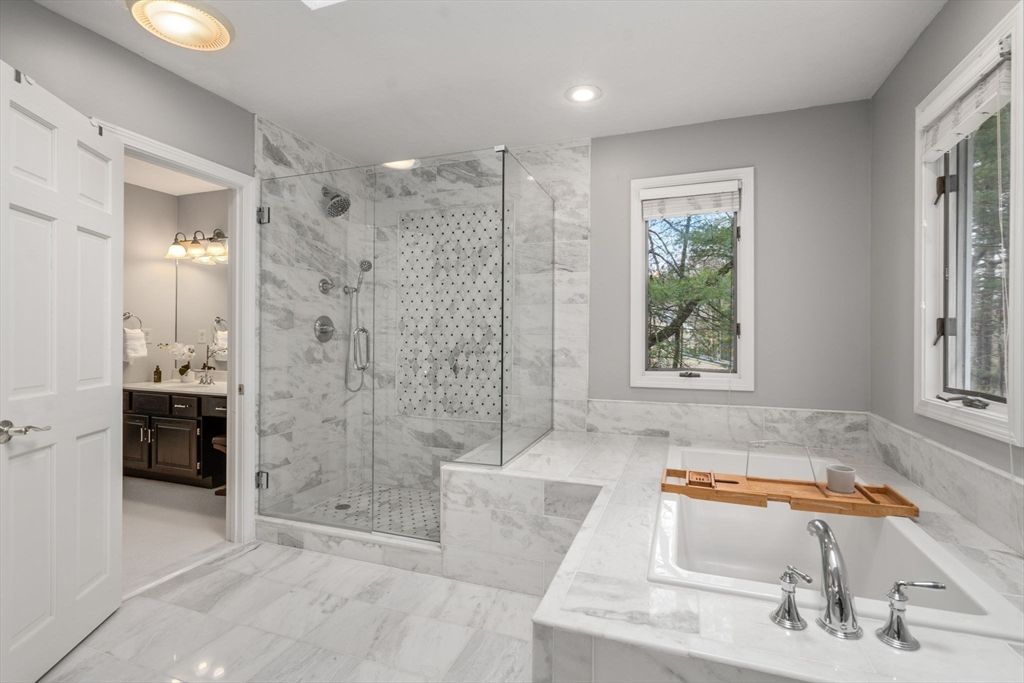 Bathroom, Glass Shower, Interior, Marble, Marble Walls, Recessed Lighting