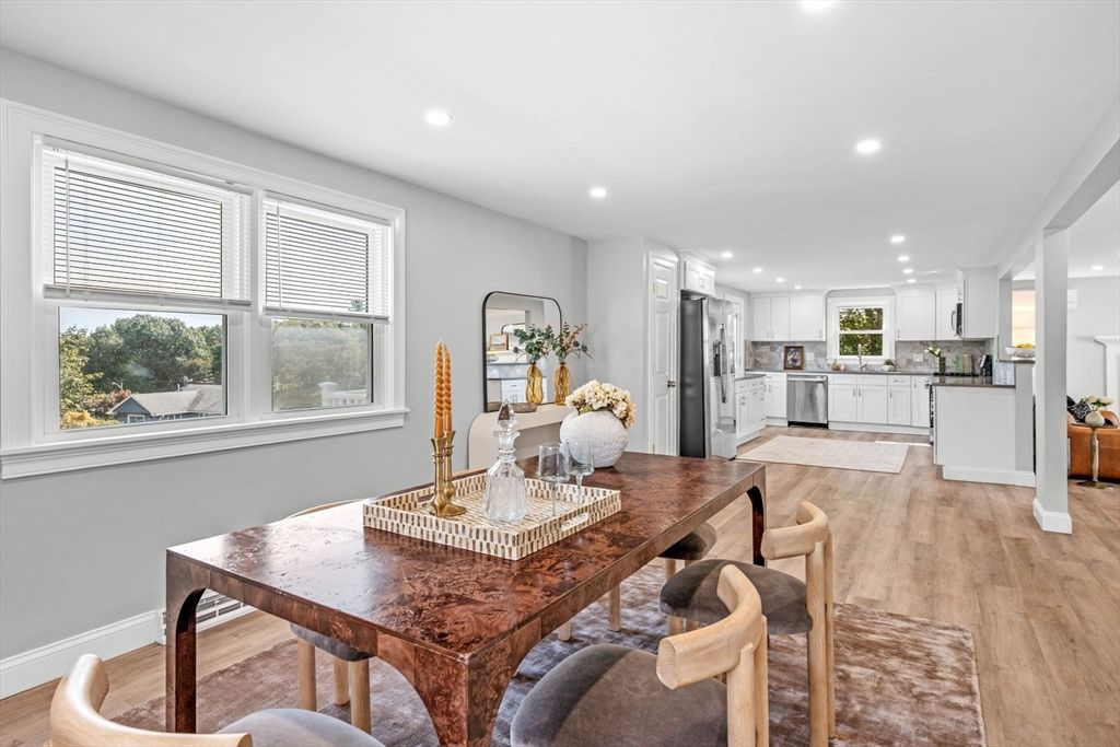 Dining room, Interior, Kitchen, Recessed Lighting, Stainless Steel Appliances, Wood Texture Flooring