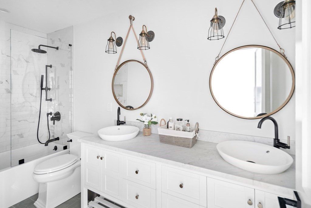Bathroom, Dual Sink Vanities, Glass Shower, Interior, Marble Walls
