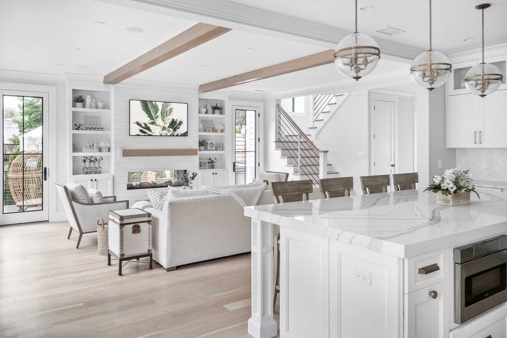 Fireplace, Interior, Kitchen, Living room, Pendant Lights, Recessed Lighting, Wooden Beams, Wood Texture Flooring