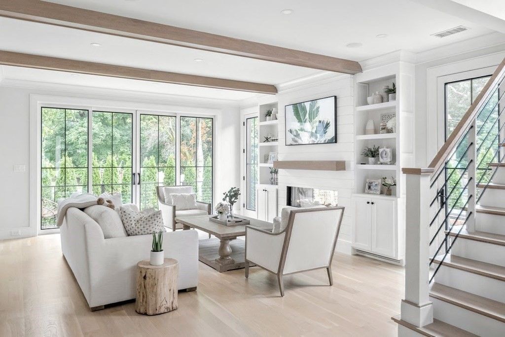 Fireplace, Interior, Living room, Recessed Lighting, Wooden Beams, Wood Texture Flooring