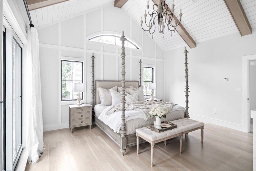 Bedroom, Chandelier, Interior, Wooden Beams, Wood Texture Flooring