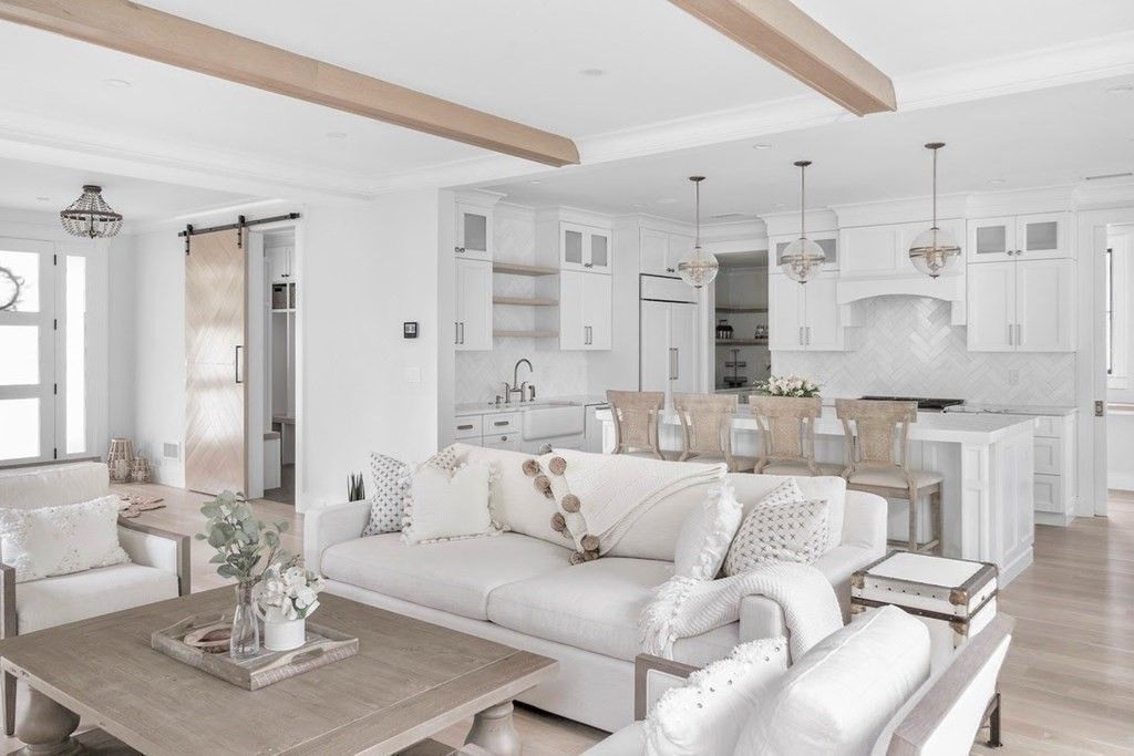 Interior, Kitchen, Living room, Pendant Lights, Recessed Lighting, Wooden Beams, Wood Texture Flooring