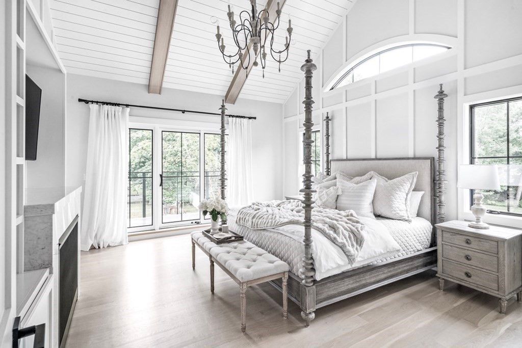Bedroom, Chandelier, Interior, Wooden Beams, Wood Texture Flooring