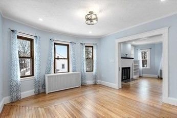 Empty room, Fireplace, Interior, Recessed Lighting, Wood Texture Flooring